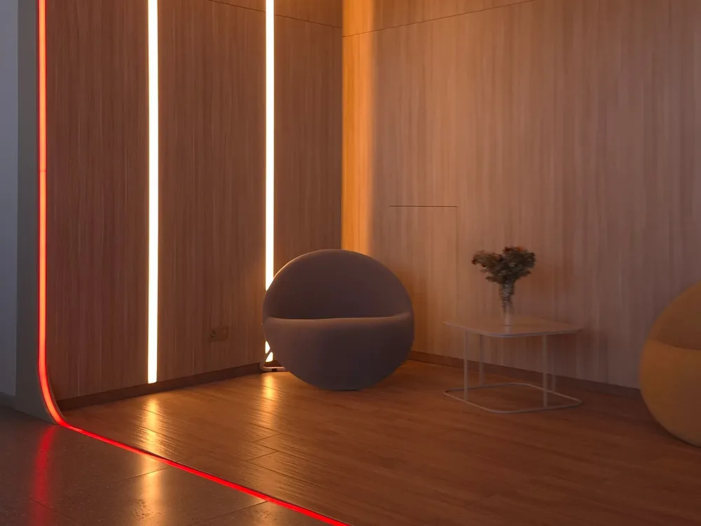 A room lit by warm LED strip lights set into the walls