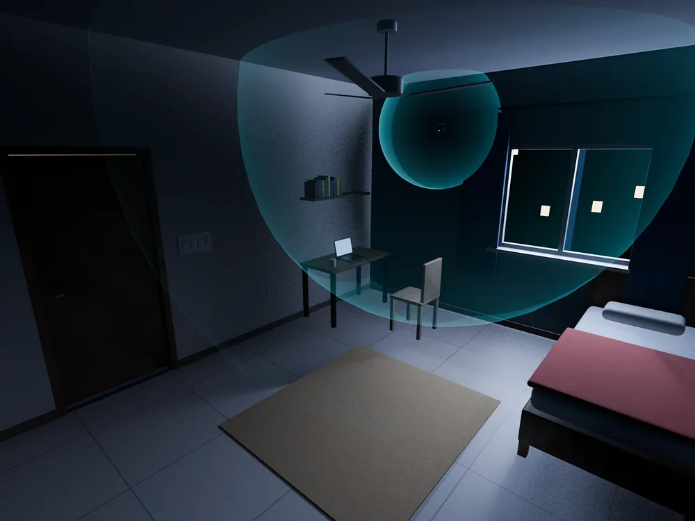 A dark, empty room with the radar sensor field shown over it