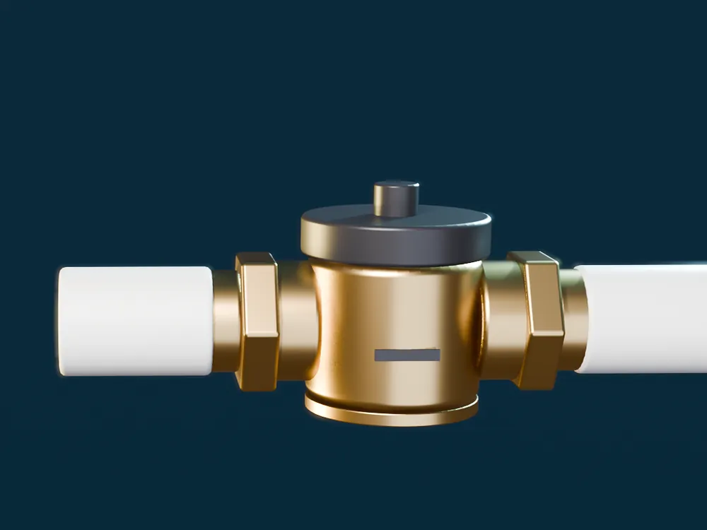 A brass water flow sensor fitted between two pipes